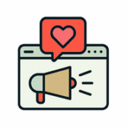browser with a megaphone and a bubble speech with a heart